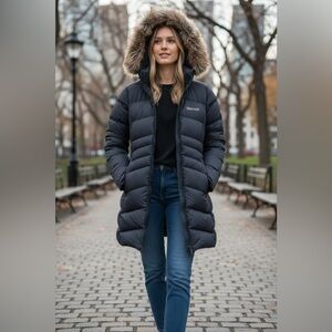 Marmot Women's Navy/Midnight super fill 700 Puffer Jacket fur hood retail $300